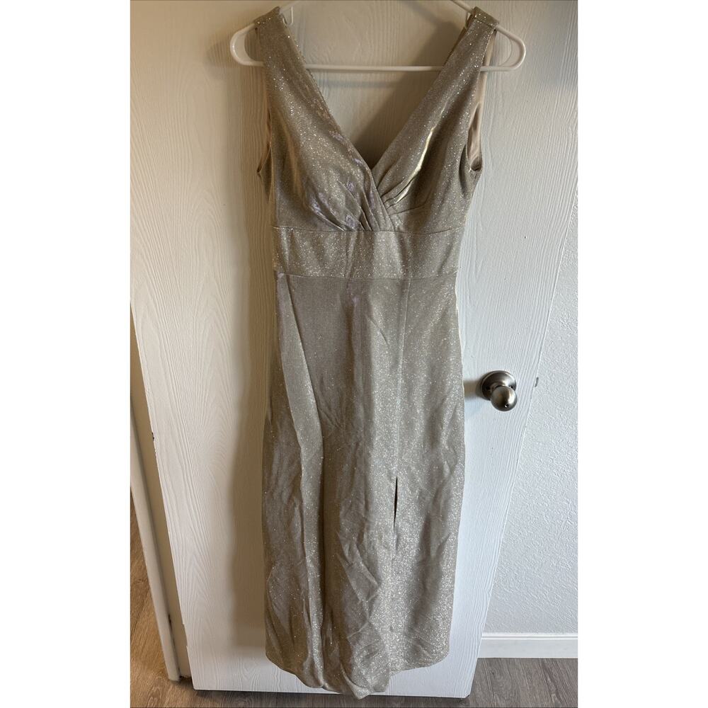 Oleg Cassini - Gray Metallic Shimmer Gown V Neck Sleeveless Dress - Size 4